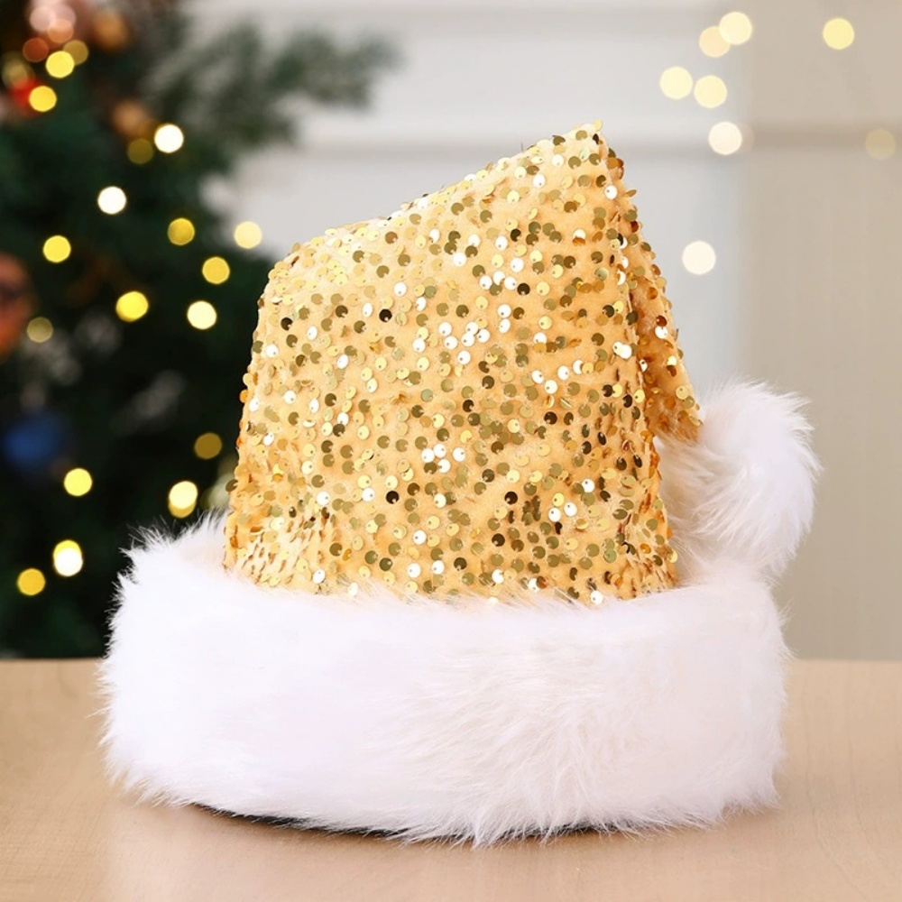 Santa Hat Plush - Plush Solid Color Sparkle Sequin Santa